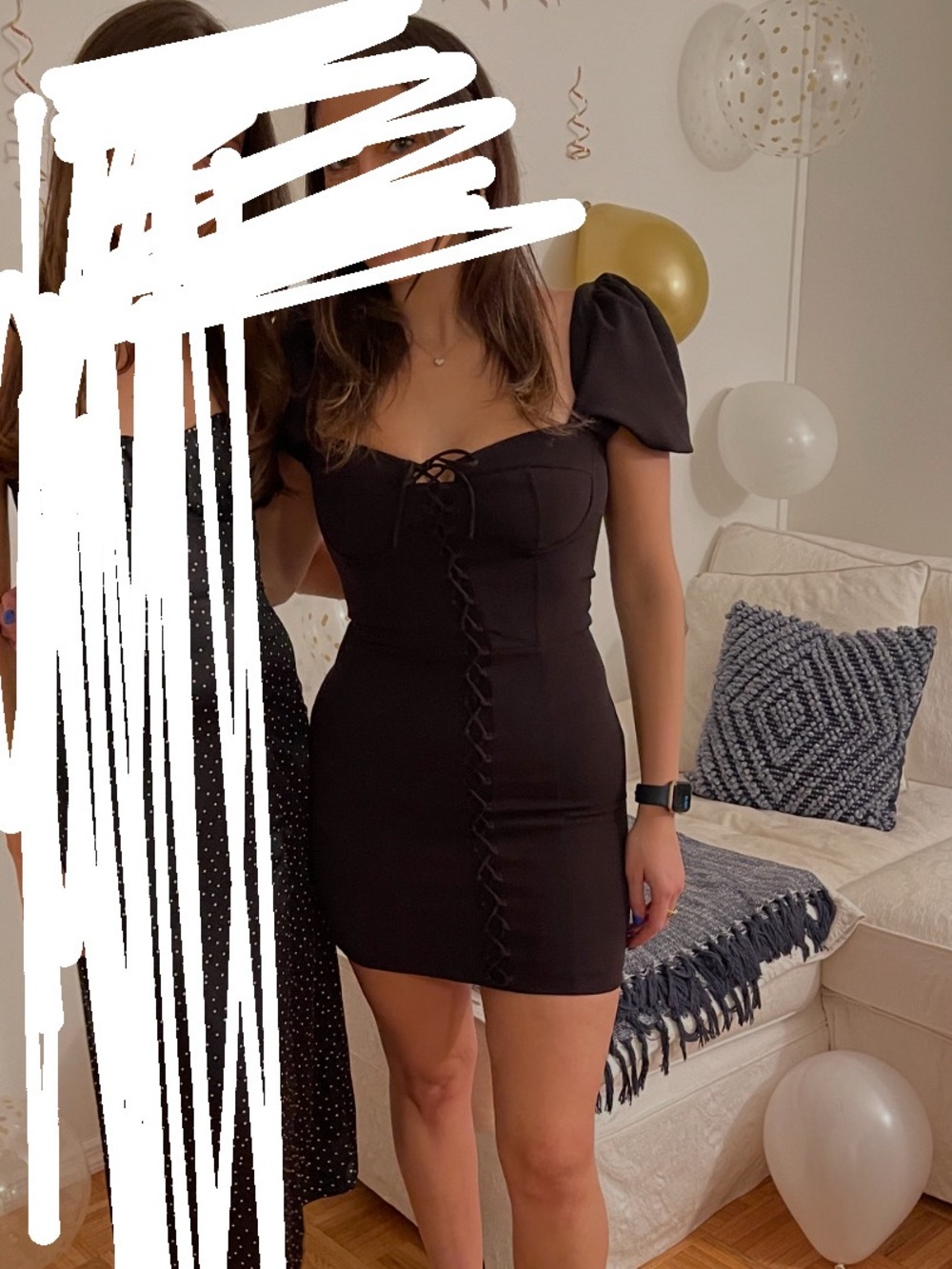 Zara Black Puff-Sleeve Mini Dress with Corset Lace-Up Trim